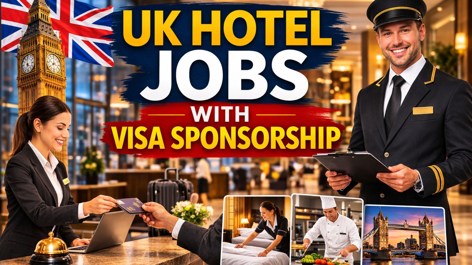 Professional hotel staff working in a UK hotel representing hospitality job opportunities with visa sponsorship